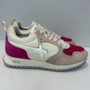 W6YZ Women's Lace-Up Sneakers Size 7.5 Fuchsia Pink Beige & White Mesh Suede